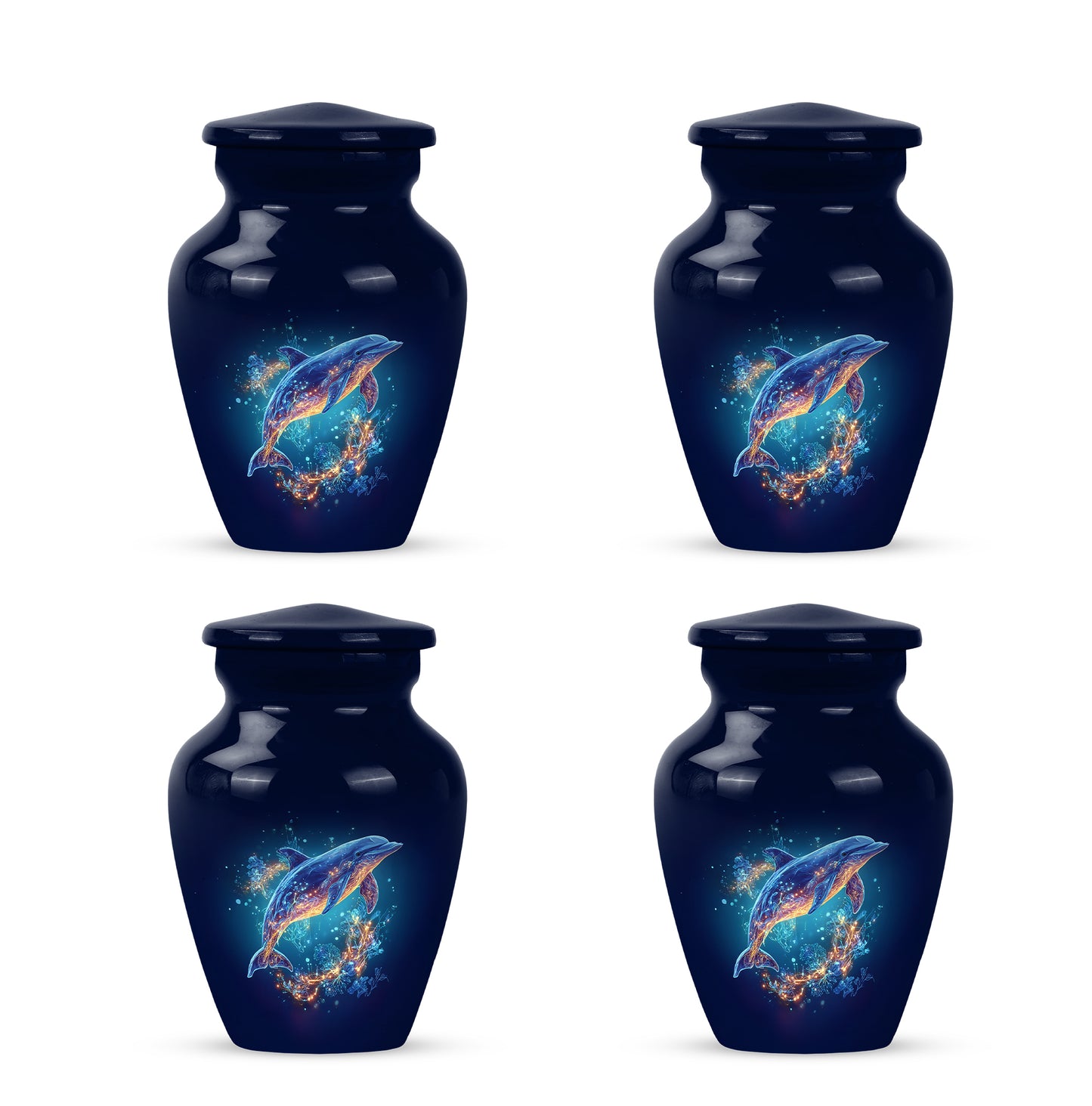 Dusty Blue Dolphin Cremation Urn side profile showing urn shape - classic sculpted dolphin pattern on smooth aluminum - 10 inch aluminum urn for cremated remains