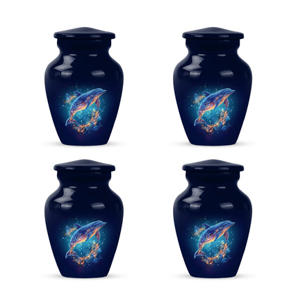 Dusty Blue Dolphin Cremation Urn side profile showing urn shape - classic sculpted dolphin pattern on smooth aluminum - 10 inch aluminum urn for cremated remains