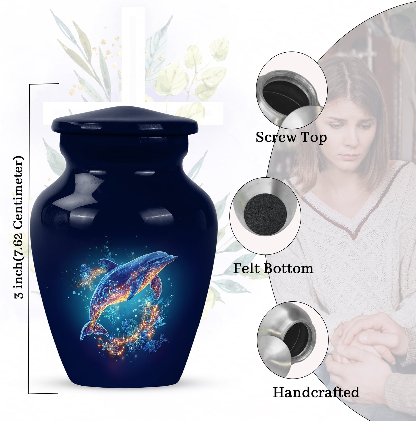 Vivid Blue Dolphin Cremation Urn close-up of engraving and surface detail - traditional dolphin engraving with hand-polished finish - mini keepsake memorial for portion of cremation ashes