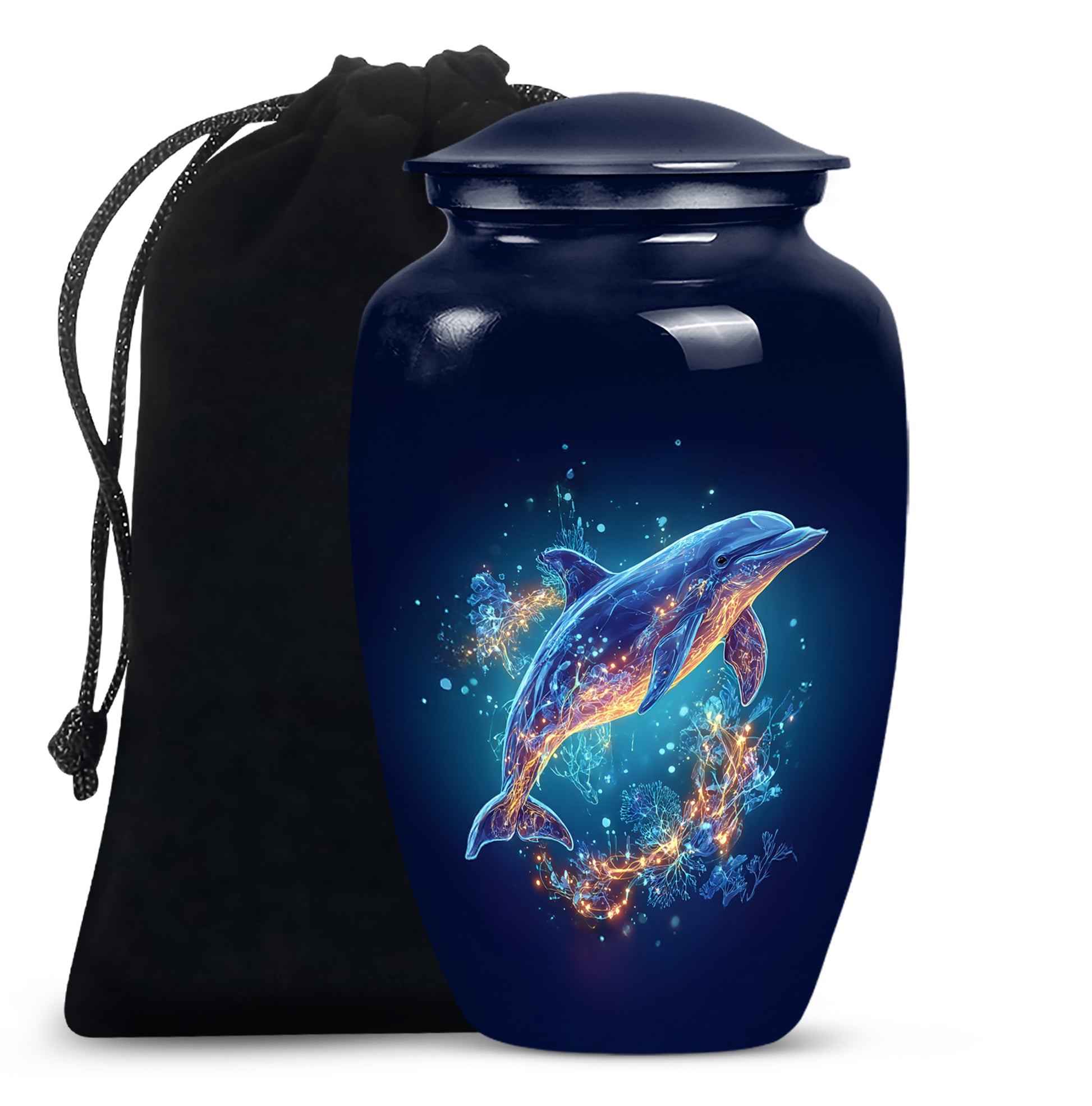 Twilight Blue Dolphin Cremation Urn angled view of lid and engraved motif - elegant classic dolphin relief with fine detailing - full-size 10 inch 200 cubic inch adult cremation urn