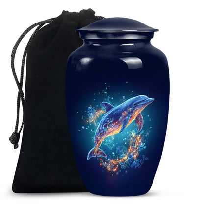 Twilight Blue Dolphin Cremation Urn angled view of lid and engraved motif - elegant classic dolphin relief with fine detailing - full-size 10 inch 200 cubic inch adult cremation urn