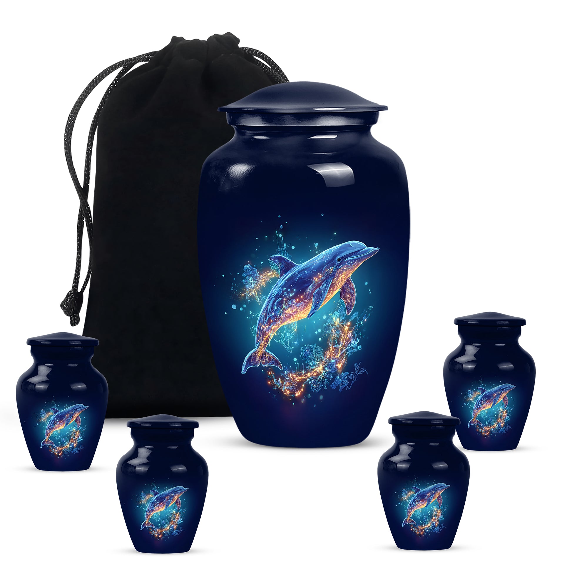 Cobalt Blue Dolphin Cremation Urn top-down view of secure threaded lid - traditional dolphin engraving with hand-polished finish - memorial set with one large and four small urns