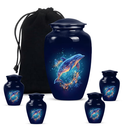 Cobalt Blue Dolphin Cremation Urn top-down view of secure threaded lid - traditional dolphin engraving with hand-polished finish - memorial set with one large and four small urns