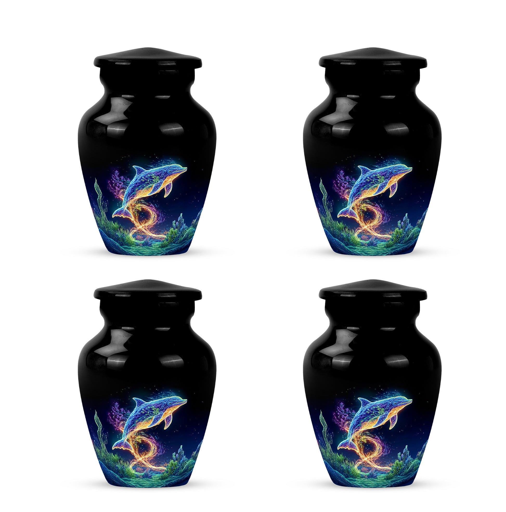 Charcoal Black Dolphin Cremation Urn side profile showing urn shape - elegant classic dolphin relief with fine detailing - 10 inch aluminum urn for cremated remains