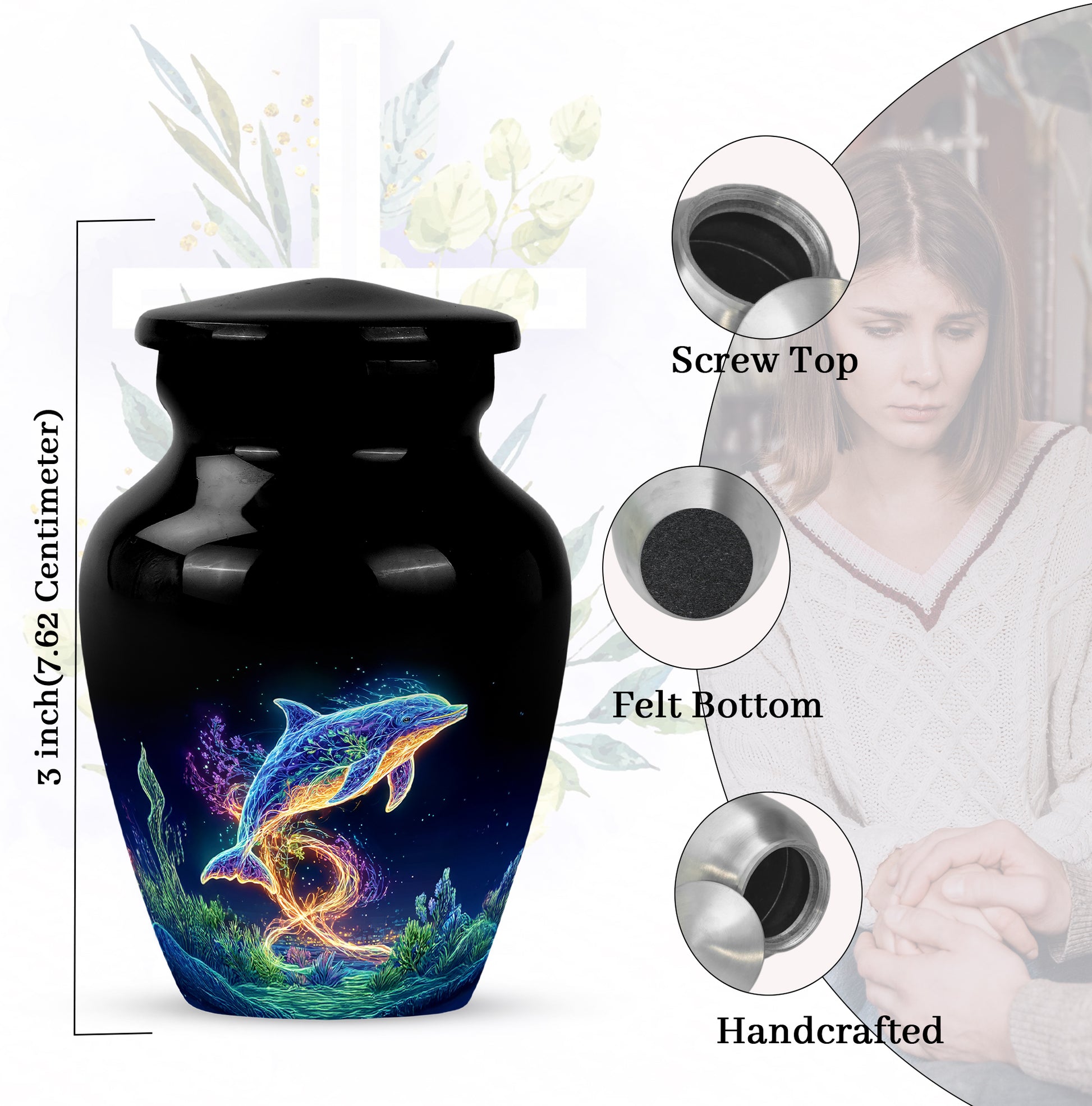 Jet Black Dolphin Cremation Urn close-up of engraving and surface detail - classic sculpted dolphin pattern on smooth aluminum - mini keepsake memorial for portion of cremation ashes