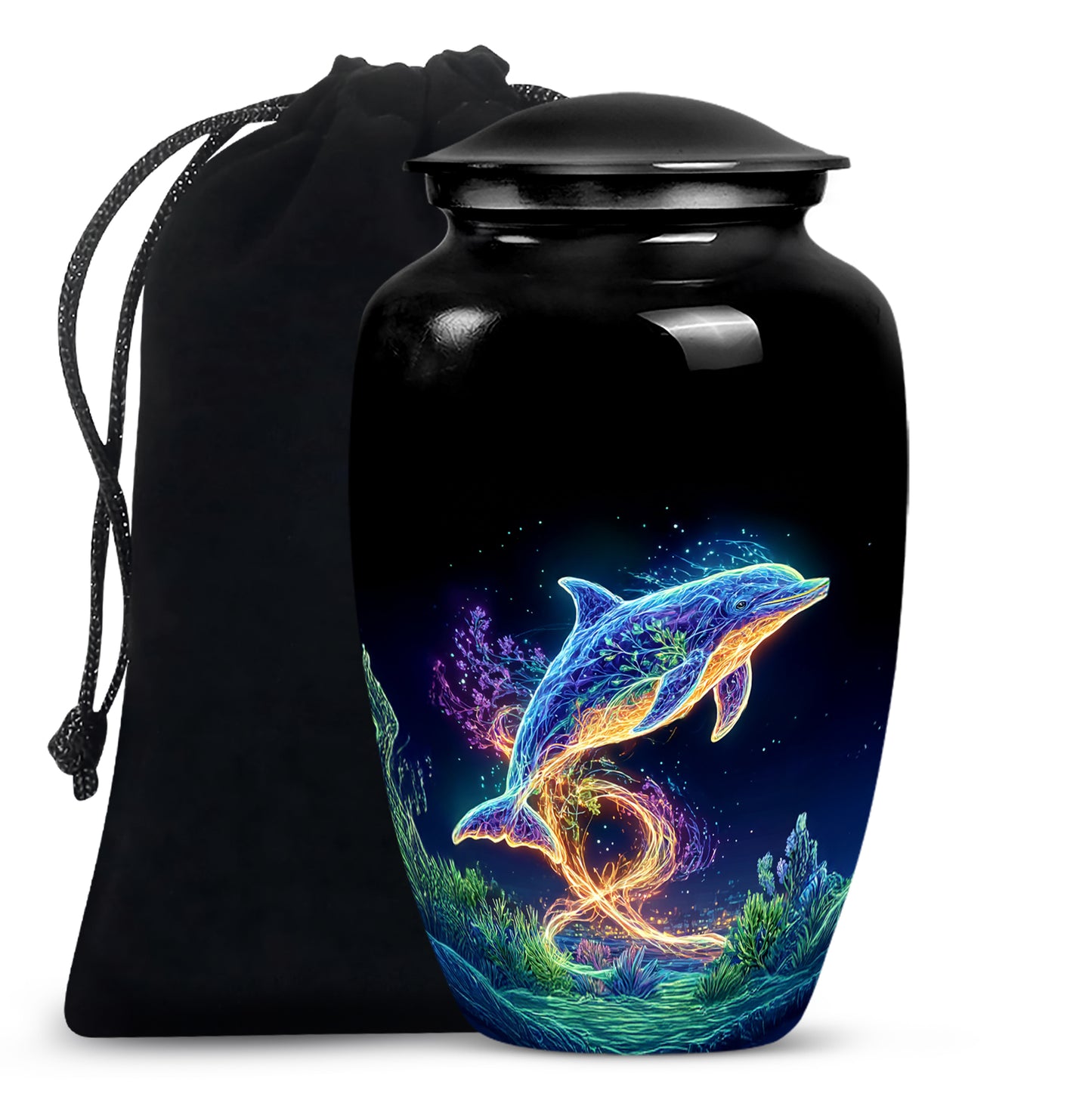 Obsidian Black Dolphin Cremation Urn angled view of lid and engraved motif - traditional dolphin engraving with hand-polished finish - full-size 10 inch 200 cubic inch adult cremation urn