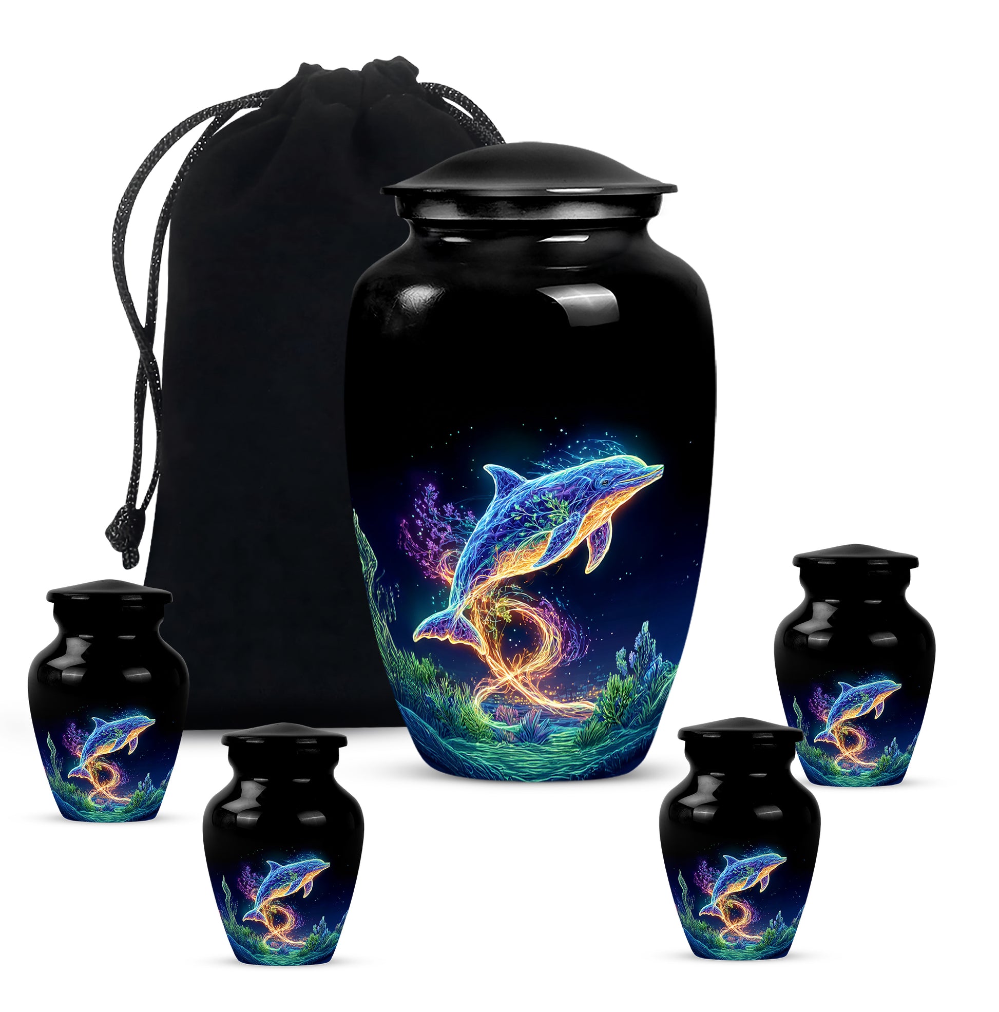Ebony Dolphin Cremation Urn top-down view of secure threaded lid - classic sculpted dolphin pattern on smooth aluminum - memorial set with one large and four small urns