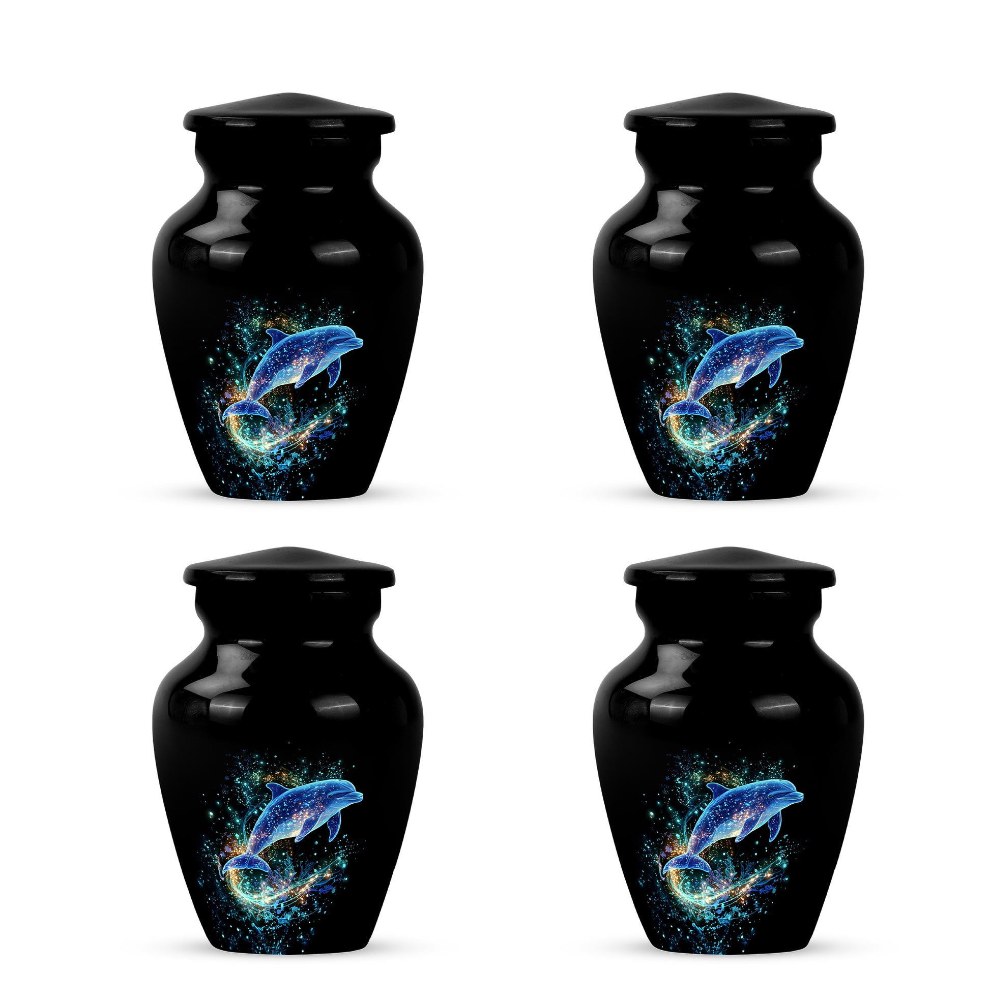 Obsidian Black Dolphin Cremation Urn side profile showing urn shape - elegant classic dolphin relief with fine detailing - 10 inch aluminum urn for cremated remains