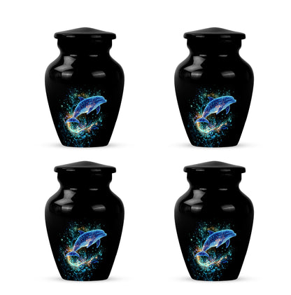 Obsidian Black Dolphin Cremation Urn side profile showing urn shape - elegant classic dolphin relief with fine detailing - 10 inch aluminum urn for cremated remains