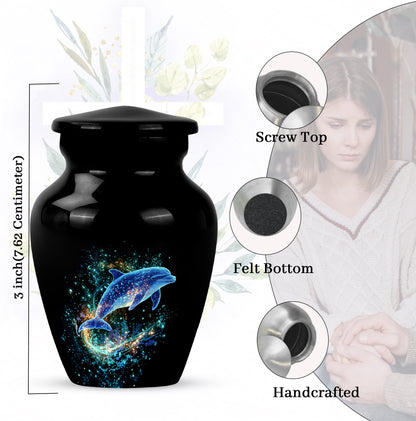 Midnight Black Dolphin Cremation Urn close-up of engraving and surface detail - traditional dolphin engraving with hand-polished finish - mini keepsake memorial for portion of cremation ashes