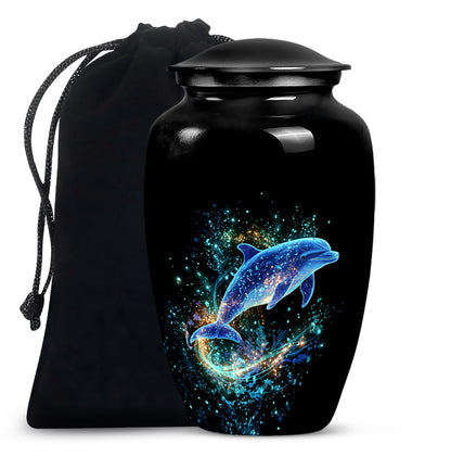 Ebony Dolphin Cremation Urn angled view of lid and engraved motif - classic sculpted dolphin pattern on smooth aluminum - full-size 10 inch 200 cubic inch adult cremation urn