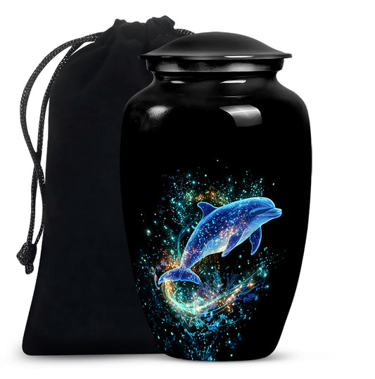 Ebony Dolphin Cremation Urn angled view of lid and engraved motif - classic sculpted dolphin pattern on smooth aluminum - full-size 10 inch 200 cubic inch adult cremation urn