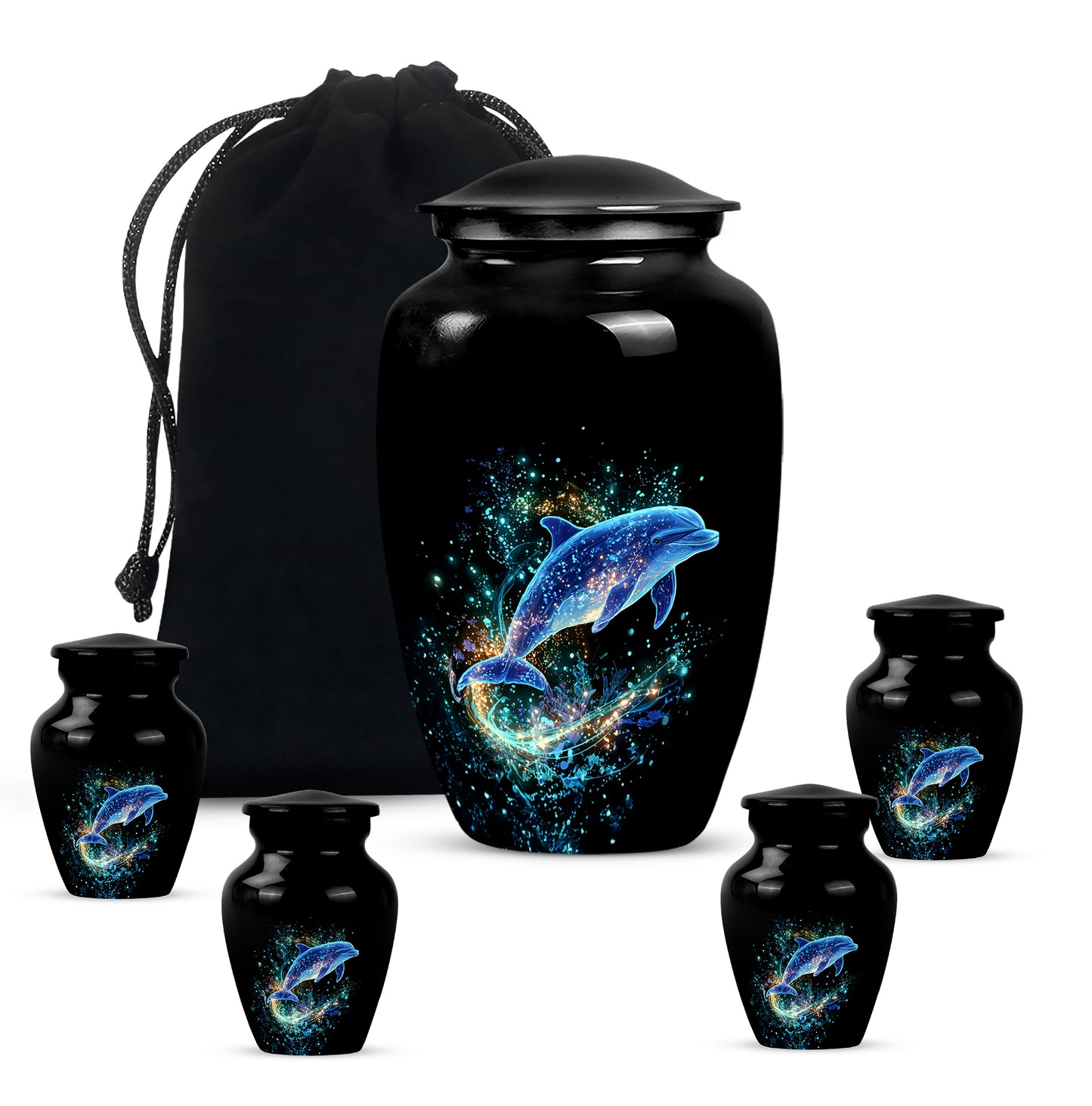 Onyx Black Dolphin Cremation Urn top-down view of secure threaded lid - elegant classic dolphin relief with fine detailing - memorial set with one large and four small urns