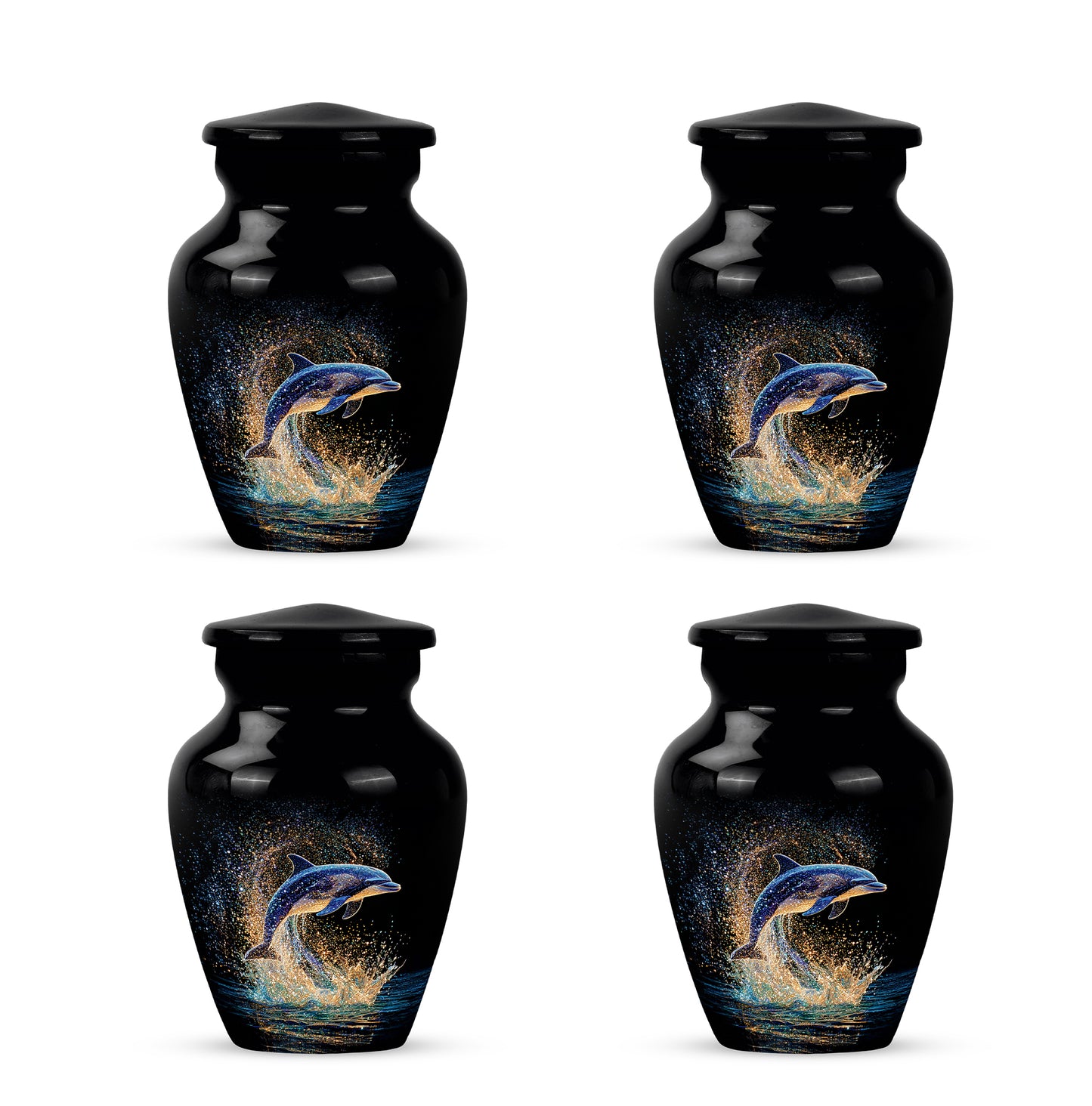 Onyx Black Dolphin Cremation Urn side profile showing urn shape - elegant classic dolphin relief with fine detailing - 10 inch aluminum urn for cremated remains