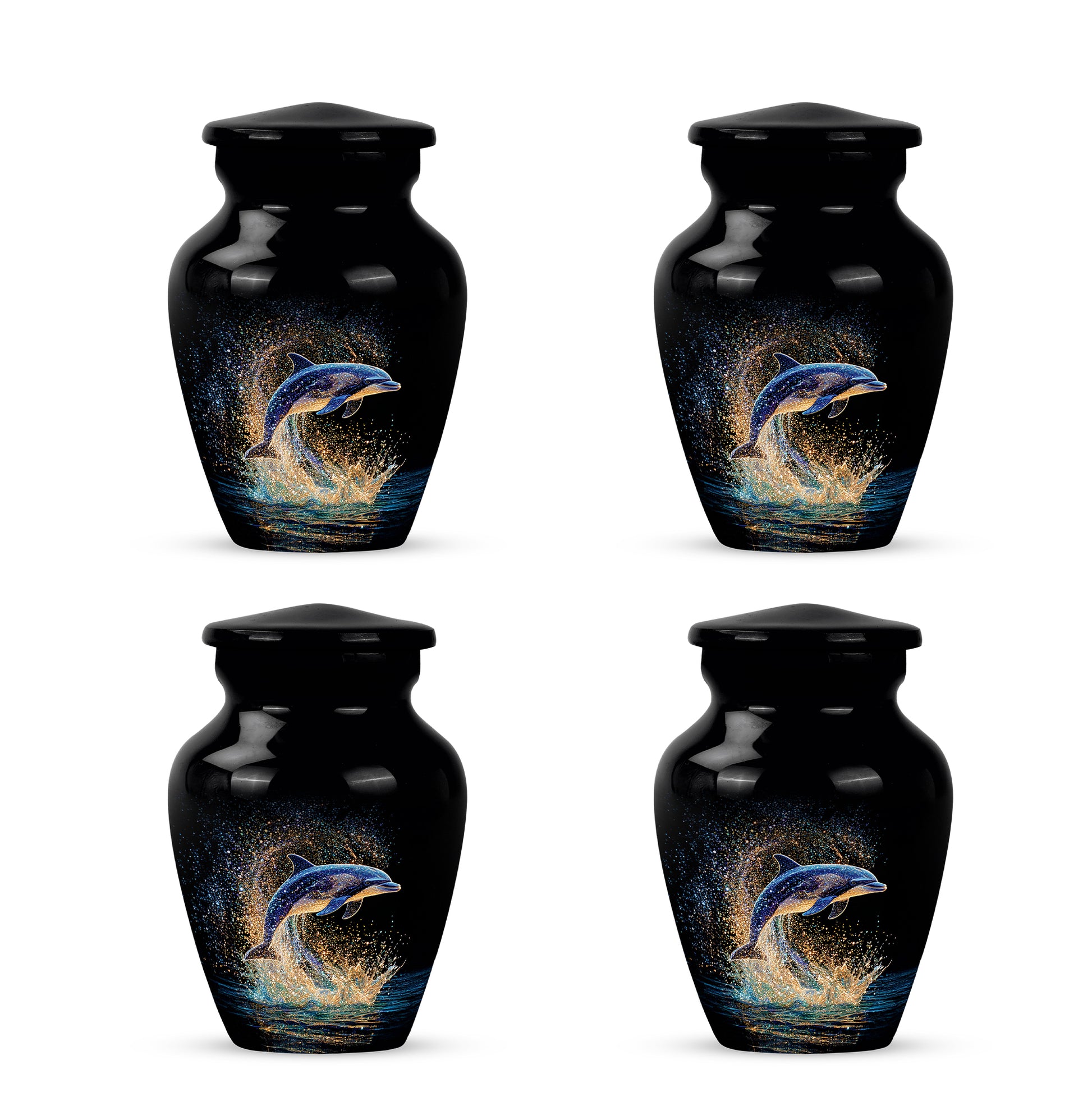 Onyx Black Dolphin Cremation Urn side profile showing urn shape - elegant classic dolphin relief with fine detailing - 10 inch aluminum urn for cremated remains