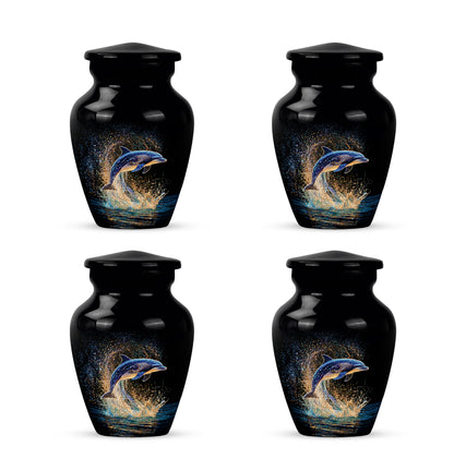 Onyx Black Dolphin Cremation Urn side profile showing urn shape - elegant classic dolphin relief with fine detailing - 10 inch aluminum urn for cremated remains