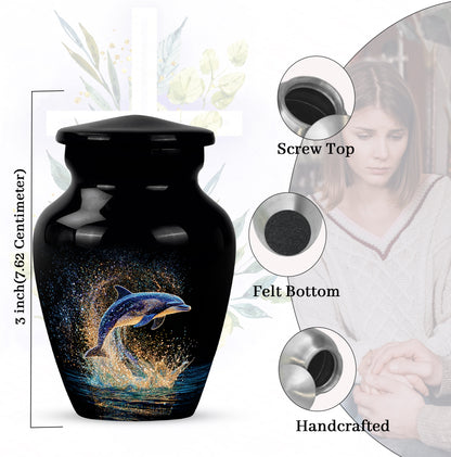 Dark Black Dolphin Cremation Urn close-up of engraving and surface detail - traditional dolphin engraving with hand-polished finish - mini keepsake memorial for portion of cremation ashes