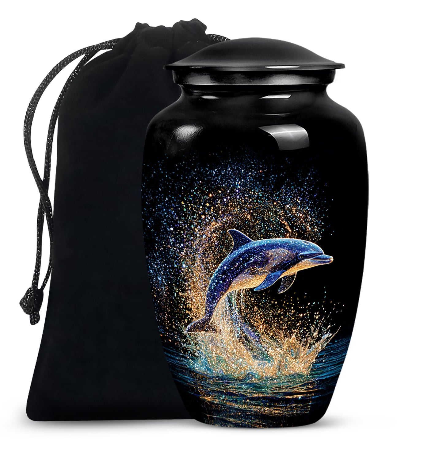 Dark Black Dolphin Cremation Urn angled view of lid and engraved motif - traditional dolphin engraving with hand-polished finish - full-size 10 inch 200 cubic inch adult cremation urn