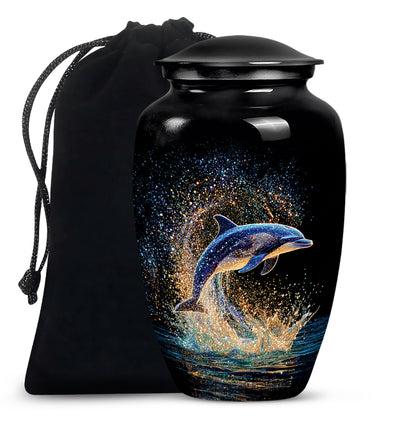 Dark Black Dolphin Cremation Urn angled view of lid and engraved motif - traditional dolphin engraving with hand-polished finish - full-size 10 inch 200 cubic inch adult cremation urn