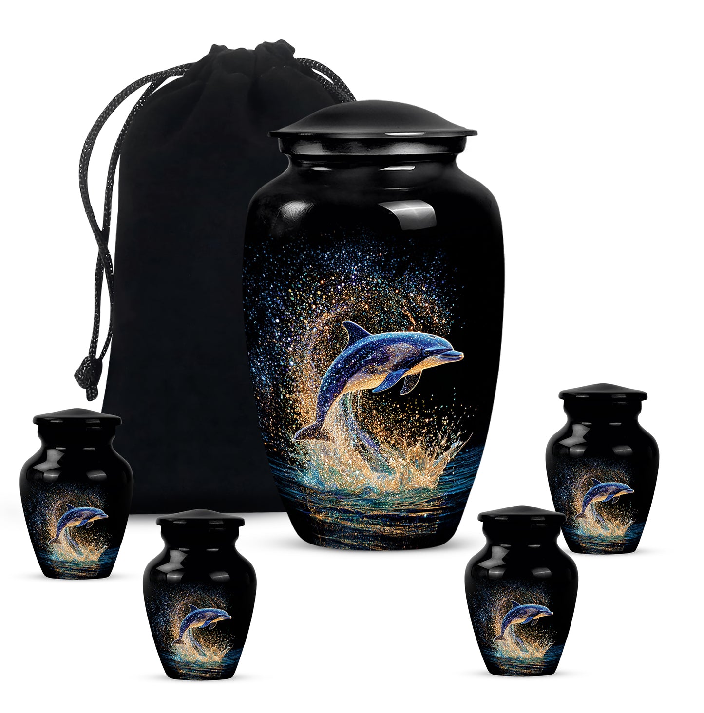 Ebony Dolphin Cremation Urn top-down view of secure threaded lid - timeless dolphin motif etched into premium metal - memorial set with one large and four small urns
