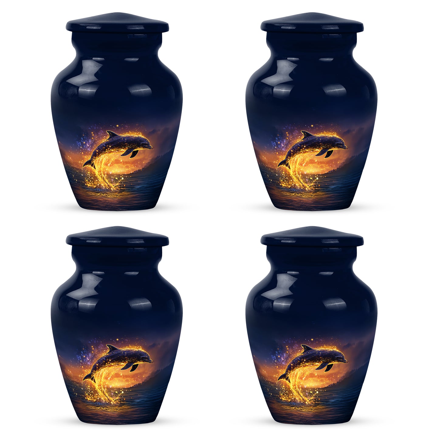 Cobalt Blue Dolphin Cremation Urn side profile showing urn shape - elegant classic dolphin relief with fine detailing - 10 inch aluminum urn for cremated remains
