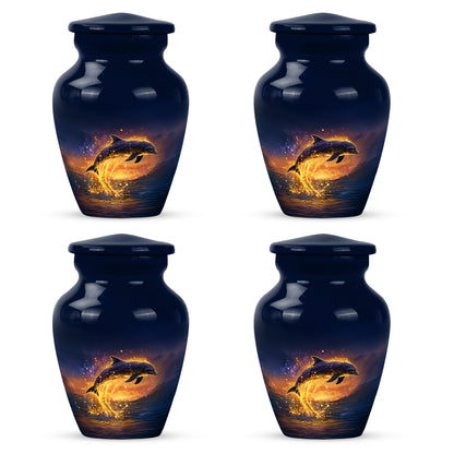 Cobalt Blue Dolphin Cremation Urn side profile showing urn shape - elegant classic dolphin relief with fine detailing - 10 inch aluminum urn for cremated remains