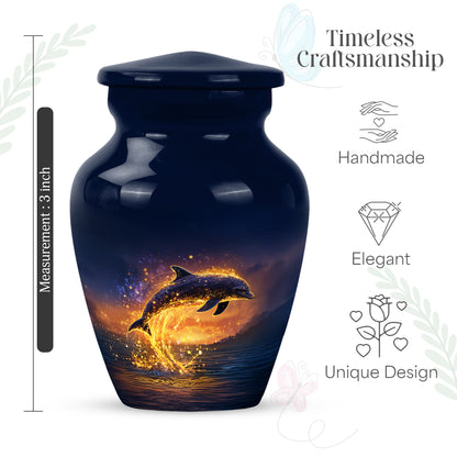 Bright Blue Dolphin Cremation Urn close-up of engraving and surface detail - traditional dolphin engraving with hand-polished finish - mini keepsake memorial for portion of cremation ashes
