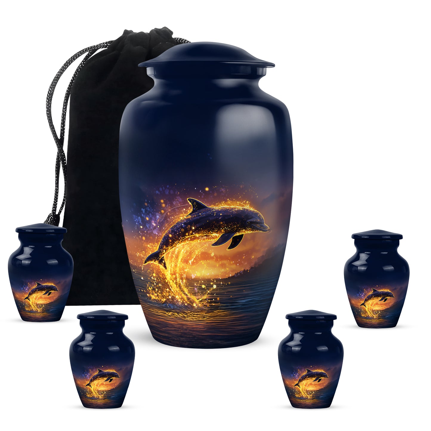 Royal Blue Dolphin Cremation Urn top-down view of secure threaded lid - traditional dolphin engraving with hand-polished finish - memorial set with one large and four small urns