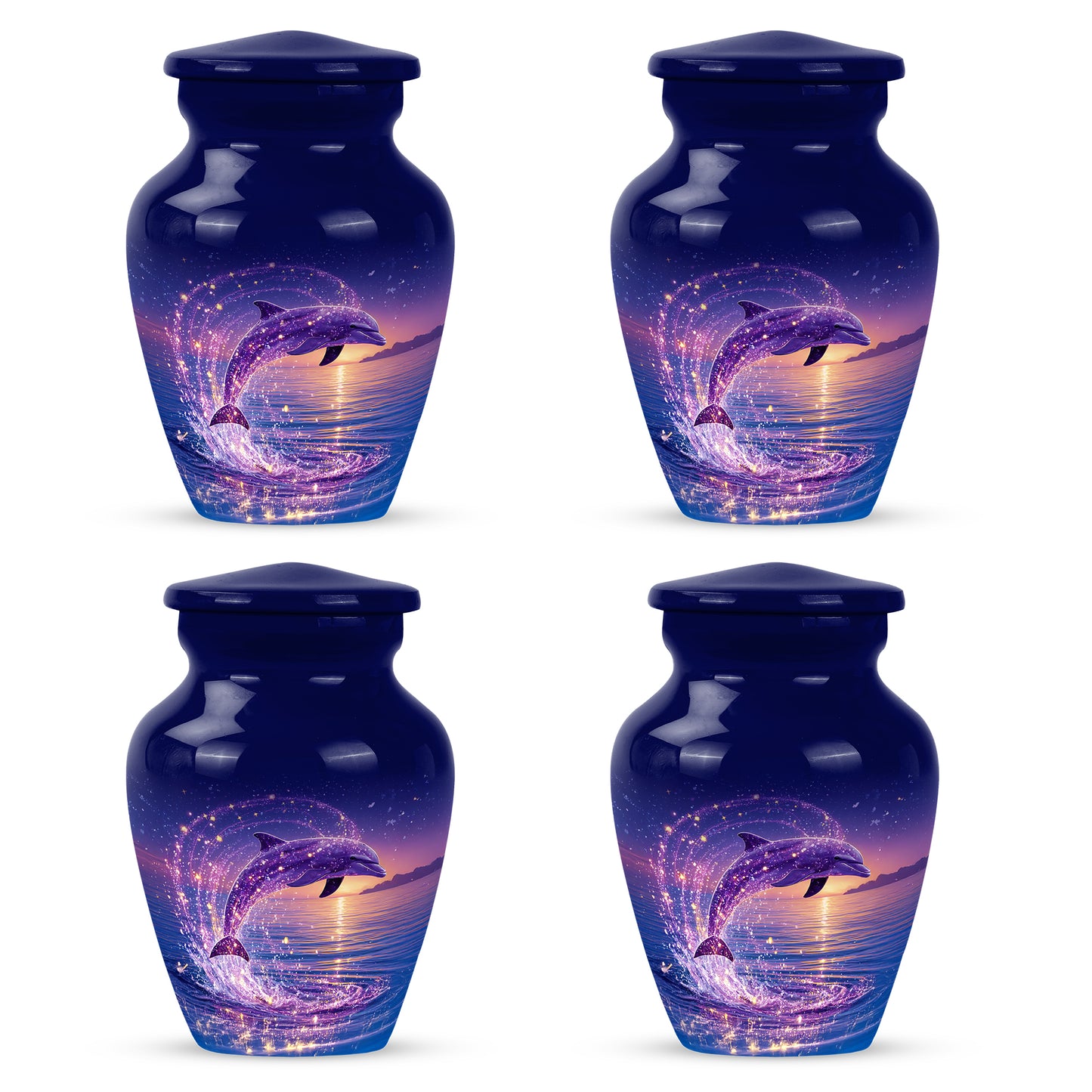 Twilight Blue Dolphin Cremation Urn side profile showing urn shape - elegant classic dolphin relief with fine detailing - 10 inch aluminum urn for cremated remains
