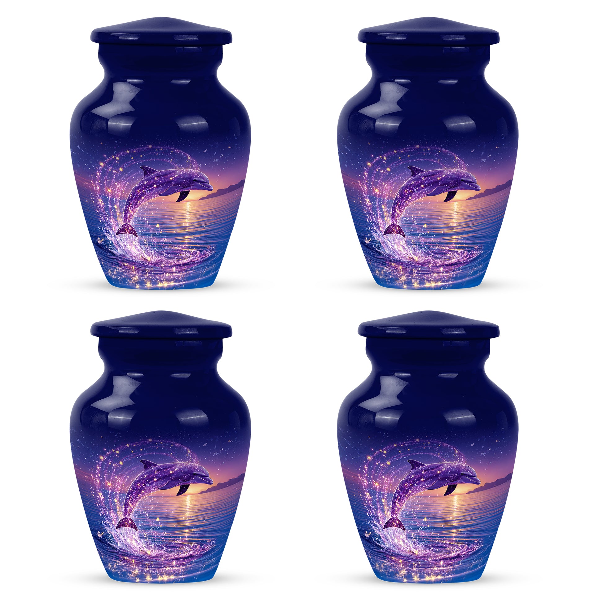 Twilight Blue Dolphin Cremation Urn side profile showing urn shape - elegant classic dolphin relief with fine detailing - 10 inch aluminum urn for cremated remains