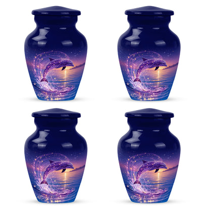 Twilight Blue Dolphin Cremation Urn side profile showing urn shape - elegant classic dolphin relief with fine detailing - 10 inch aluminum urn for cremated remains