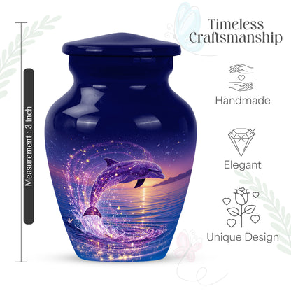 Calming Blue Dolphin Cremation Urn close-up of engraving and surface detail - traditional dolphin engraving with hand-polished finish - mini keepsake memorial for portion of cremation ashes