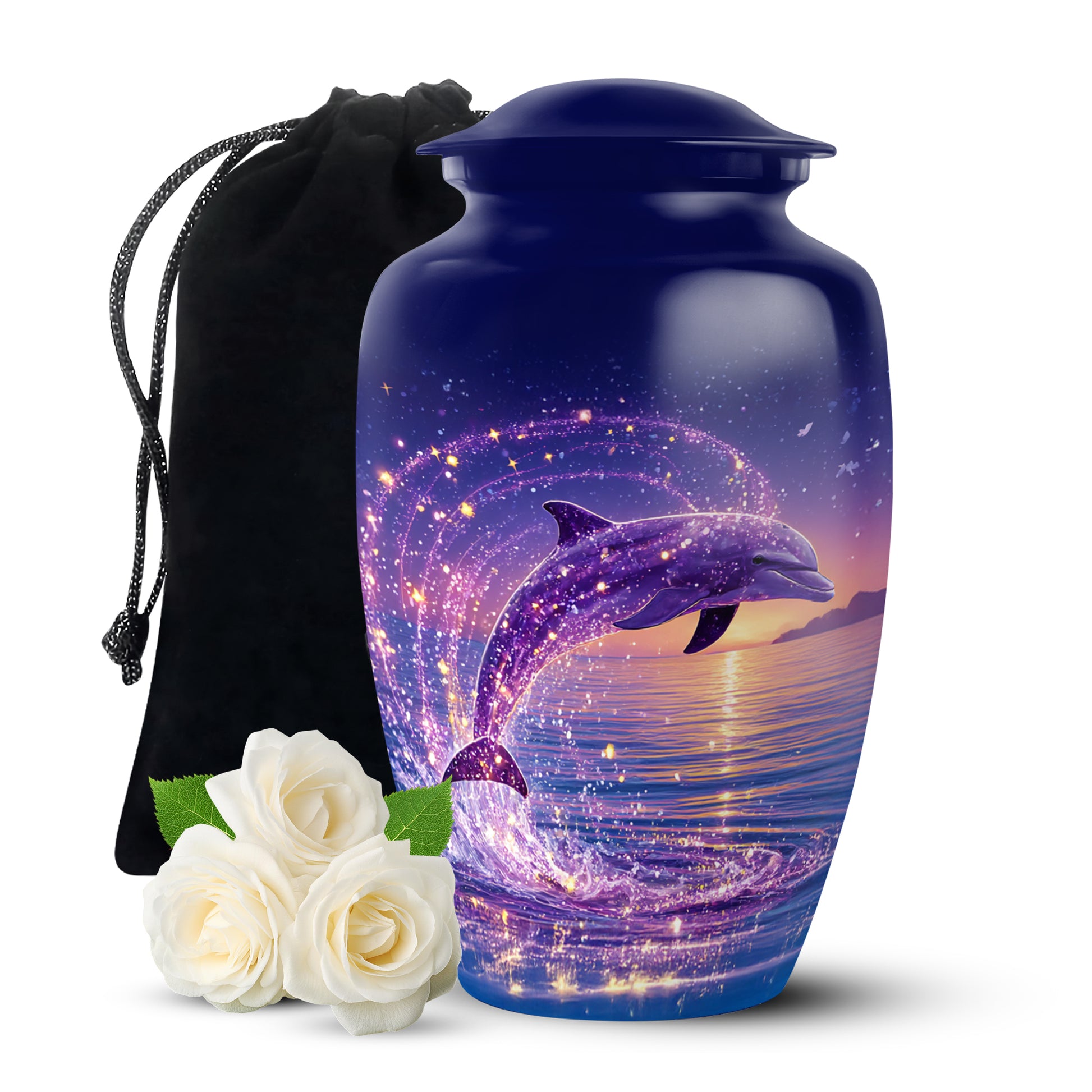 Navy Blue Dolphin Cremation Urn angled view of lid and engraved motif - timeless dolphin motif etched into premium metal - full-size 10 inch 200 cubic inch adult cremation urn