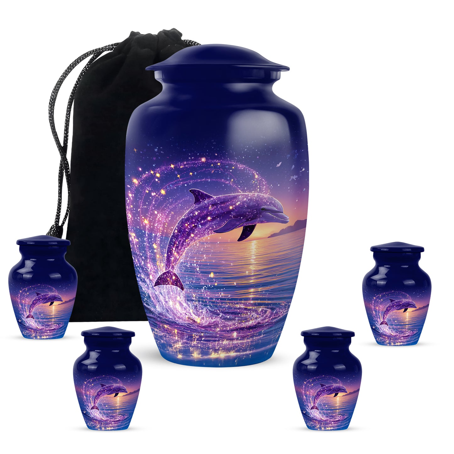 Sky Blue Dolphin Cremation Urn top-down view of secure threaded lid - timeless dolphin motif etched into premium metal - memorial set with one large and four small urns