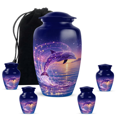 Sky Blue Dolphin Cremation Urn top-down view of secure threaded lid - timeless dolphin motif etched into premium metal - memorial set with one large and four small urns