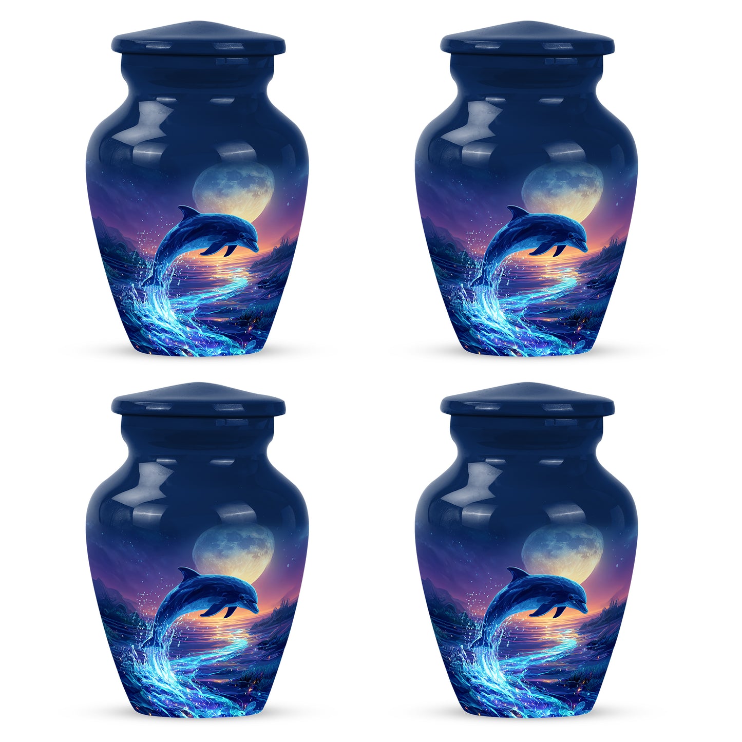 Serene Blue Dolphin Cremation Urn side profile showing urn shape - elegant classic dolphin relief with fine detailing - 10 inch aluminum urn for cremated remains