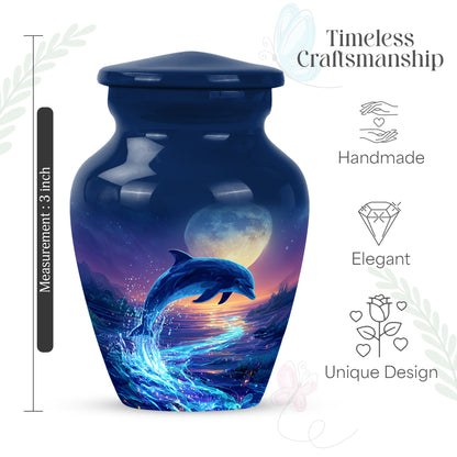 Navy Blue Dolphin Cremation Urn close-up of engraving and surface detail - timeless dolphin motif etched into premium metal - mini keepsake memorial for portion of cremation ashes