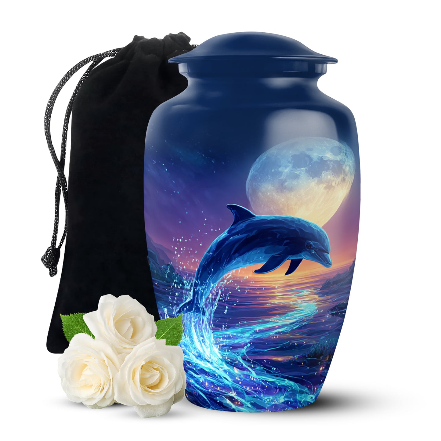 Cornflower Blue Dolphin Cremation Urn angled view of lid and engraved motif - elegant classic dolphin relief with fine detailing - full-size 10 inch 200 cubic inch adult cremation urn