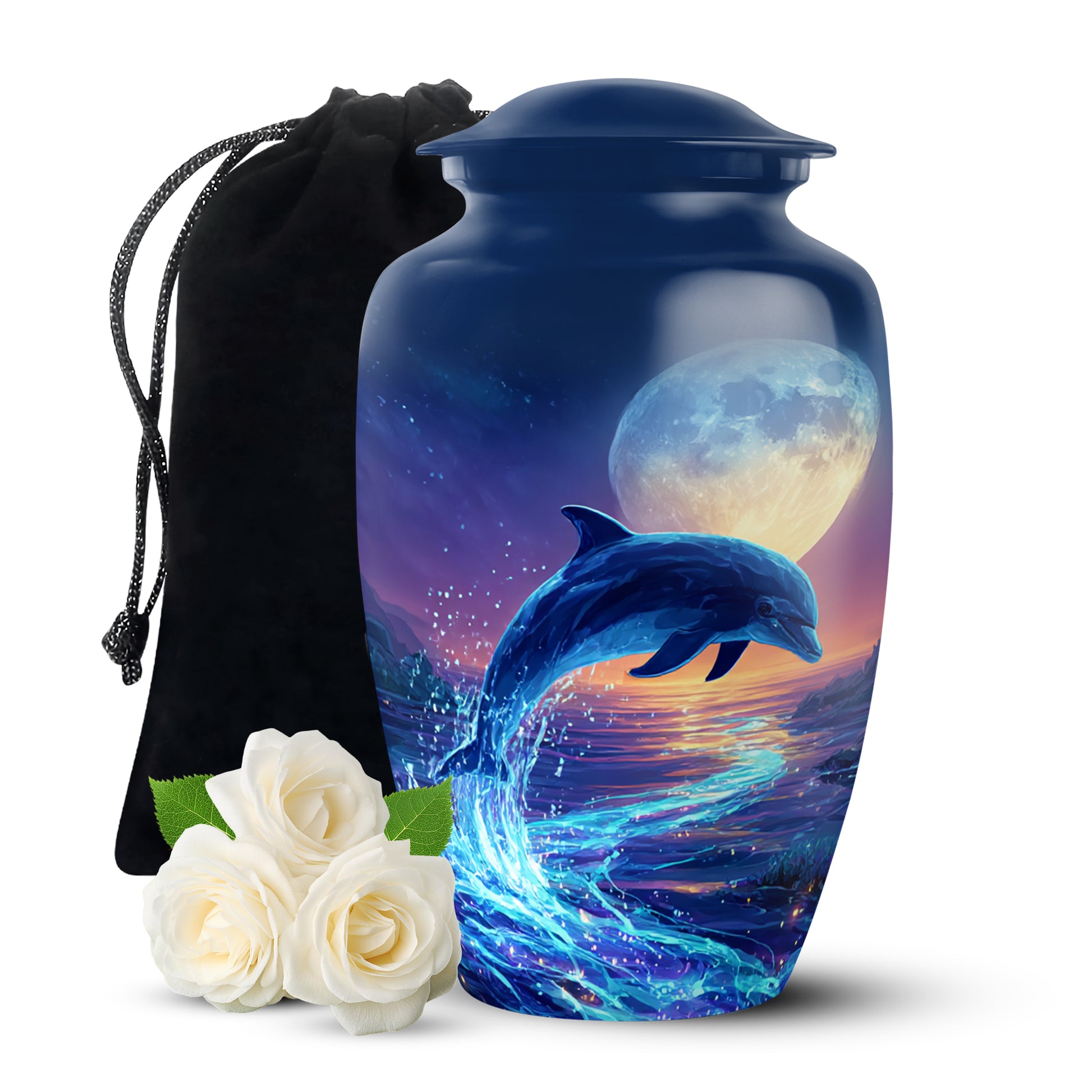 Cornflower Blue Dolphin Cremation Urn angled view of lid and engraved motif - elegant classic dolphin relief with fine detailing - full-size 10 inch 200 cubic inch adult cremation urn