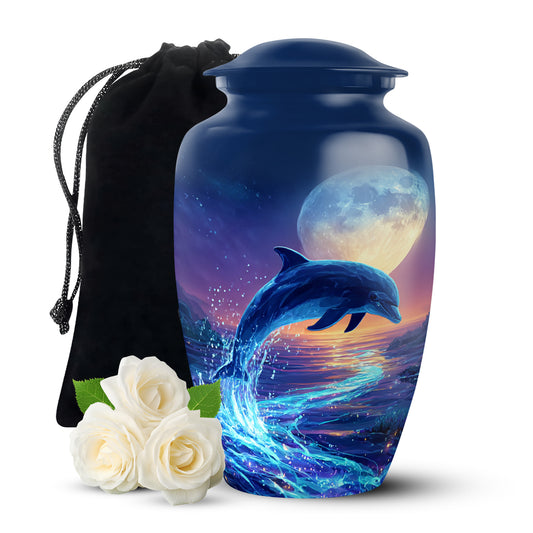 Cornflower Blue Dolphin Cremation Urn angled view of lid and engraved motif - elegant classic dolphin relief with fine detailing - full-size 10 inch 200 cubic inch adult cremation urn