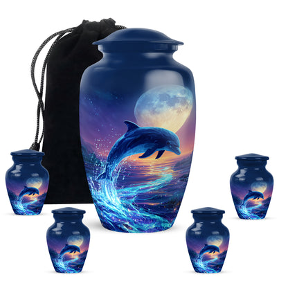 Azure Dolphin Cremation Urn top-down view of secure threaded lid - timeless dolphin motif etched into premium metal - memorial set with one large and four small urns