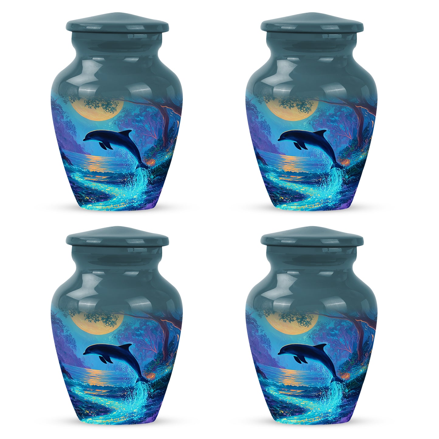 Cool Teal Dolphin Cremation Urn side profile showing urn shape - timeless dolphin motif etched into premium metal - 10 inch aluminum urn for cremated remains