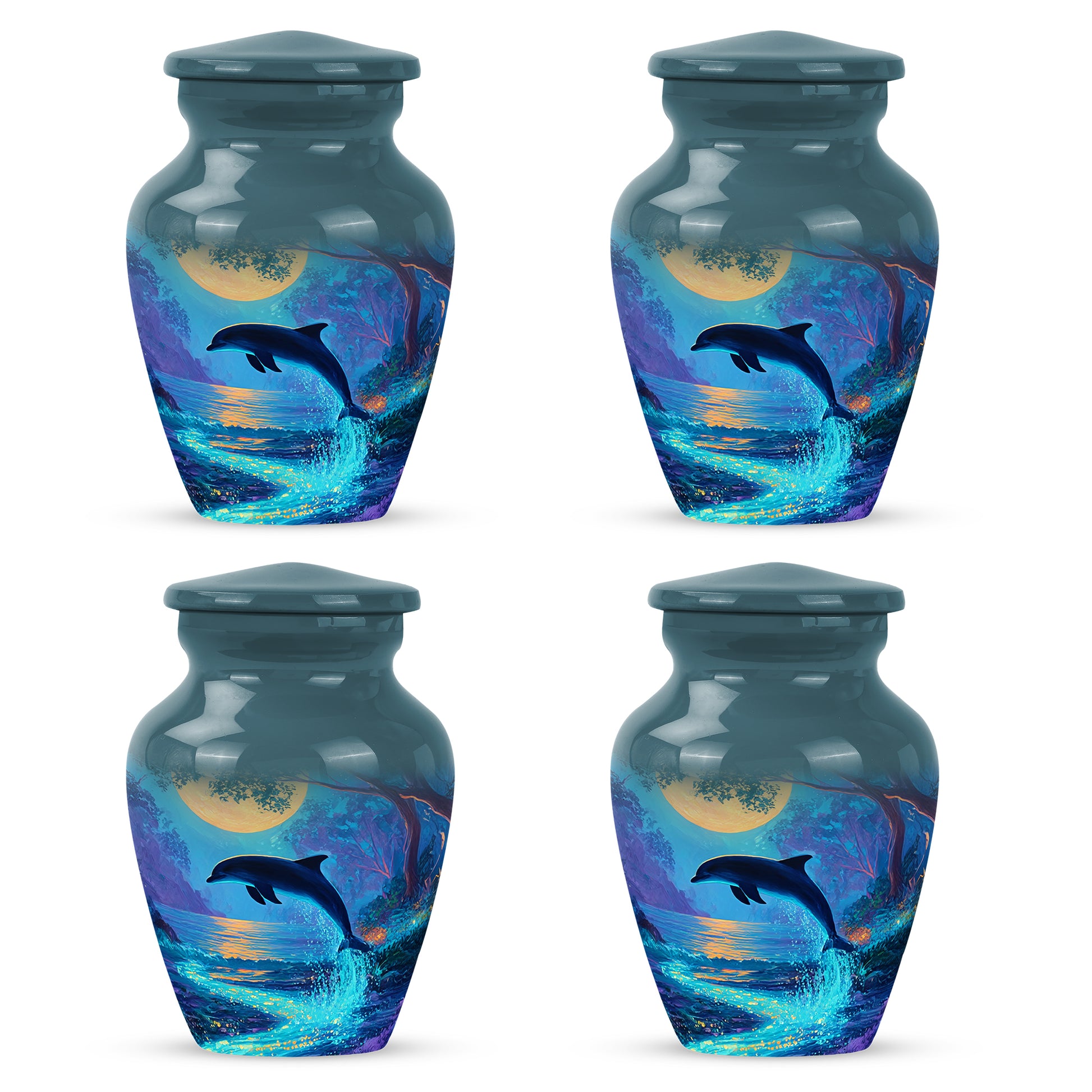 Cool Teal Dolphin Cremation Urn side profile showing urn shape - timeless dolphin motif etched into premium metal - 10 inch aluminum urn for cremated remains