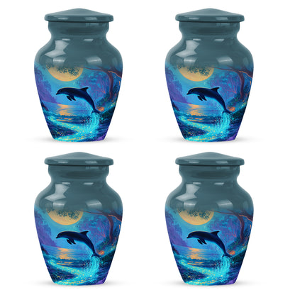 Cool Teal Dolphin Cremation Urn side profile showing urn shape - timeless dolphin motif etched into premium metal - 10 inch aluminum urn for cremated remains