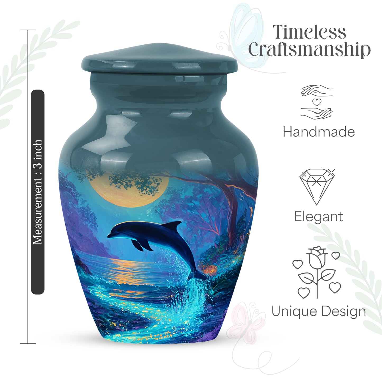 Tropical Teal Dolphin Cremation Urn close-up of engraving and surface detail - traditional dolphin engraving with hand-polished finish - mini keepsake memorial for portion of cremation ashes