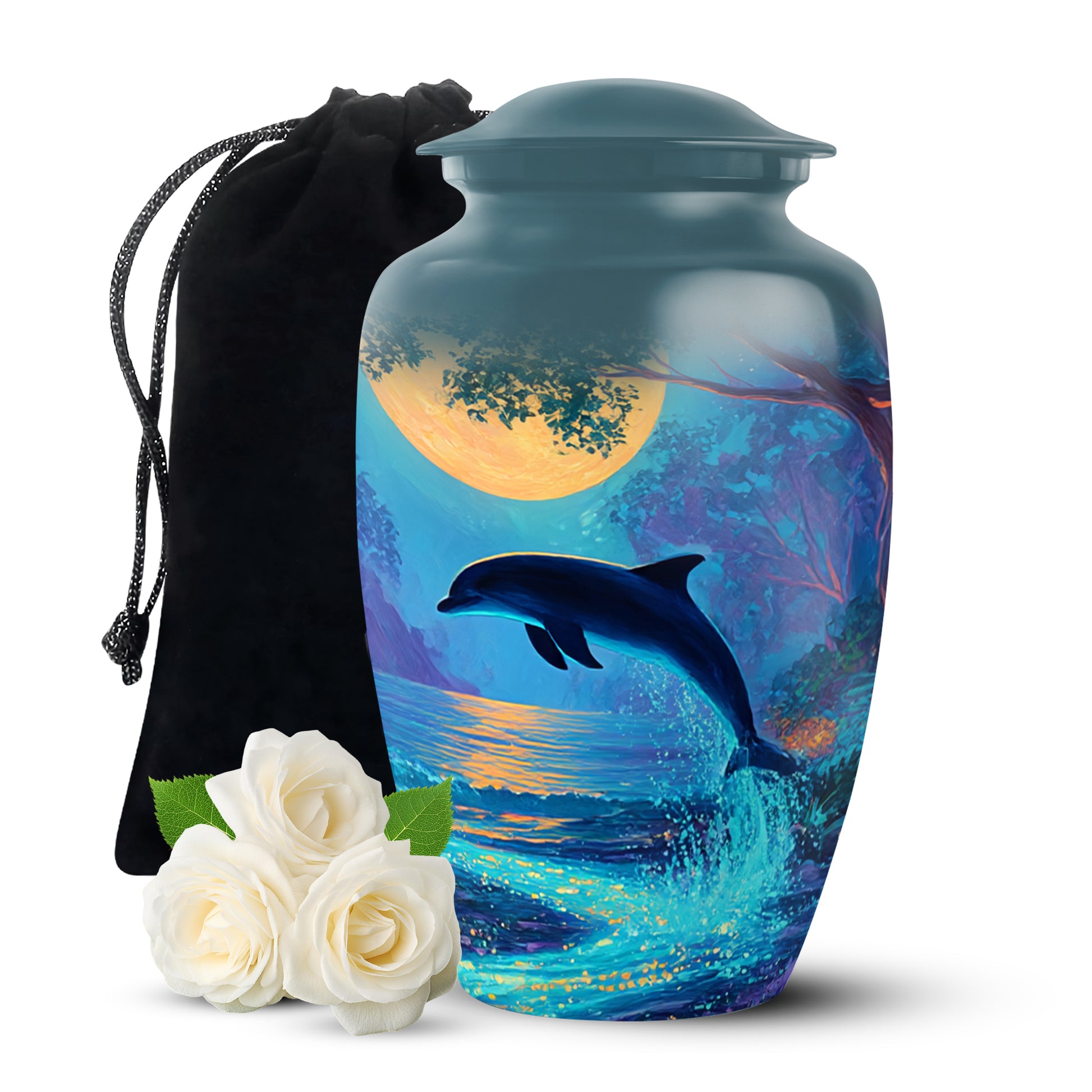 Ocean Teal Dolphin Cremation Urn angled view of lid and engraved motif - classic sculpted dolphin pattern on smooth aluminum - full-size 10 inch 200 cubic inch adult cremation urn