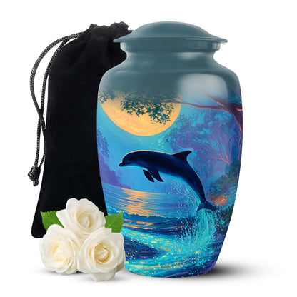 Ocean Teal Dolphin Cremation Urn angled view of lid and engraved motif - classic sculpted dolphin pattern on smooth aluminum - full-size 10 inch 200 cubic inch adult cremation urn