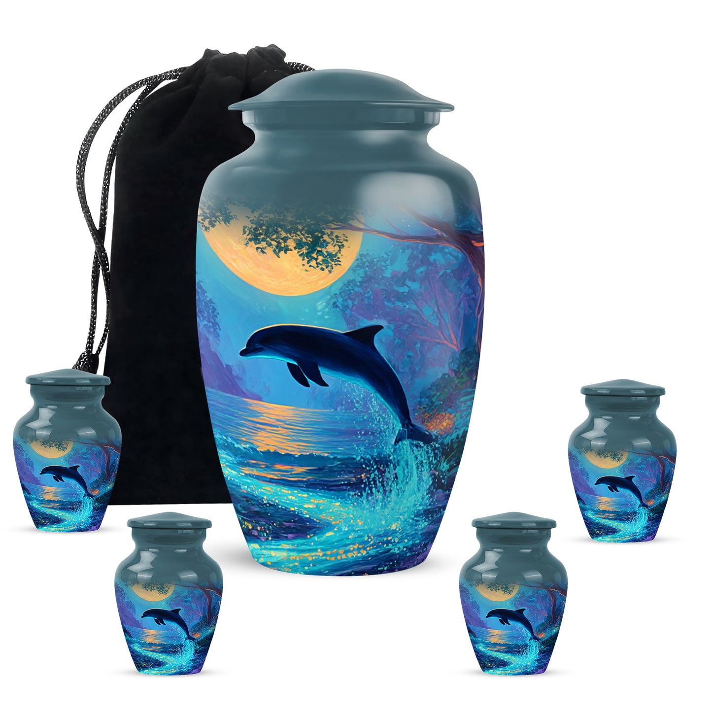 Sea Green Teal Dolphin Cremation Urn top-down view of secure threaded lid - classic sculpted dolphin pattern on smooth aluminum - memorial set with one large and four small urns
