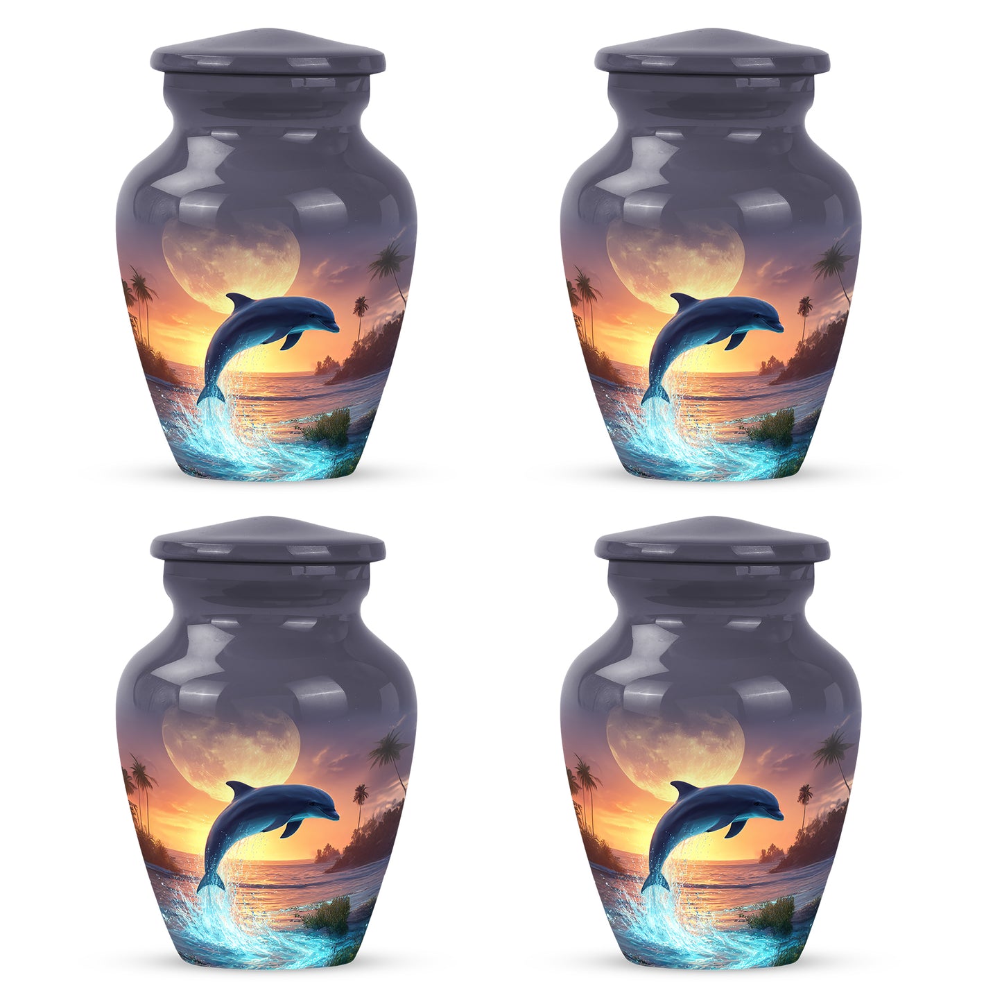 Dove Gray Dolphin Cremation Urn side profile showing urn shape - timeless dolphin motif etched into premium metal - 10 inch aluminum urn for cremated remains