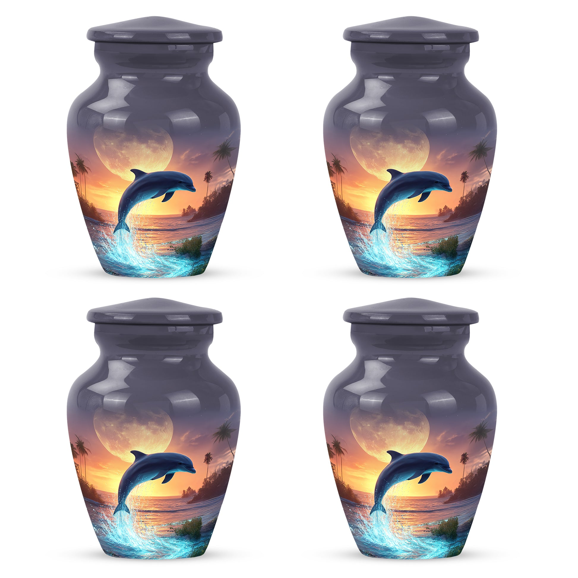 Dove Gray Dolphin Cremation Urn side profile showing urn shape - timeless dolphin motif etched into premium metal - 10 inch aluminum urn for cremated remains